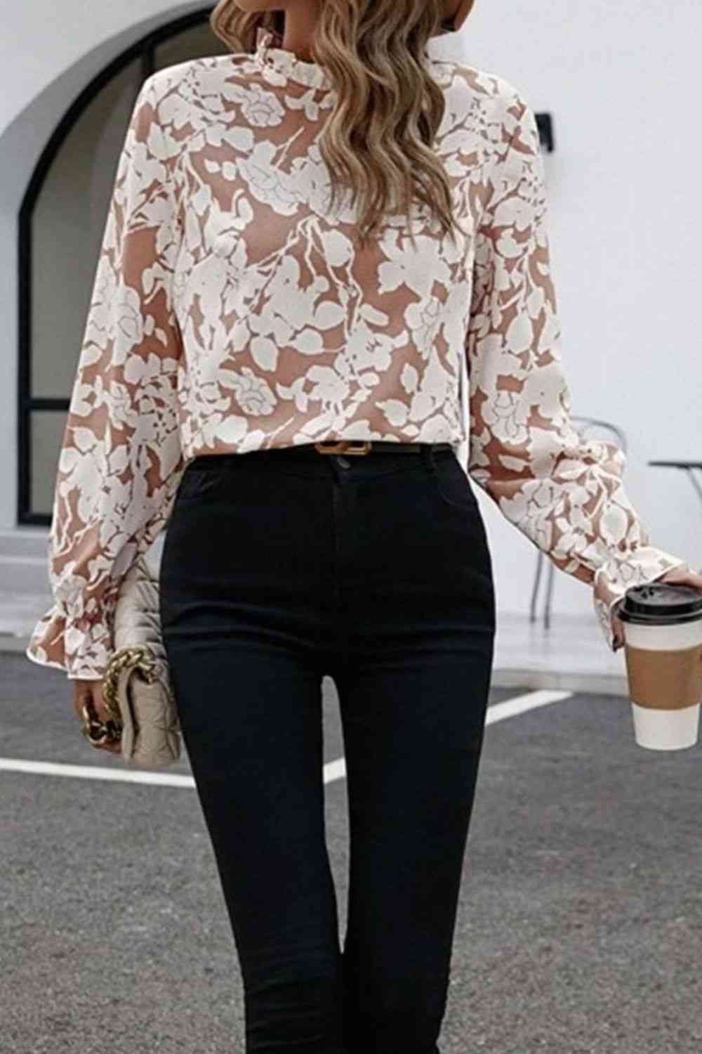 Antique Floral Print Mock Neck Flounce Sleeve Blouse