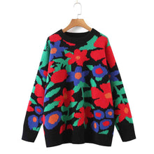 Load image into Gallery viewer, Retro Floral Round Neck Drop Shoulder Sweater
