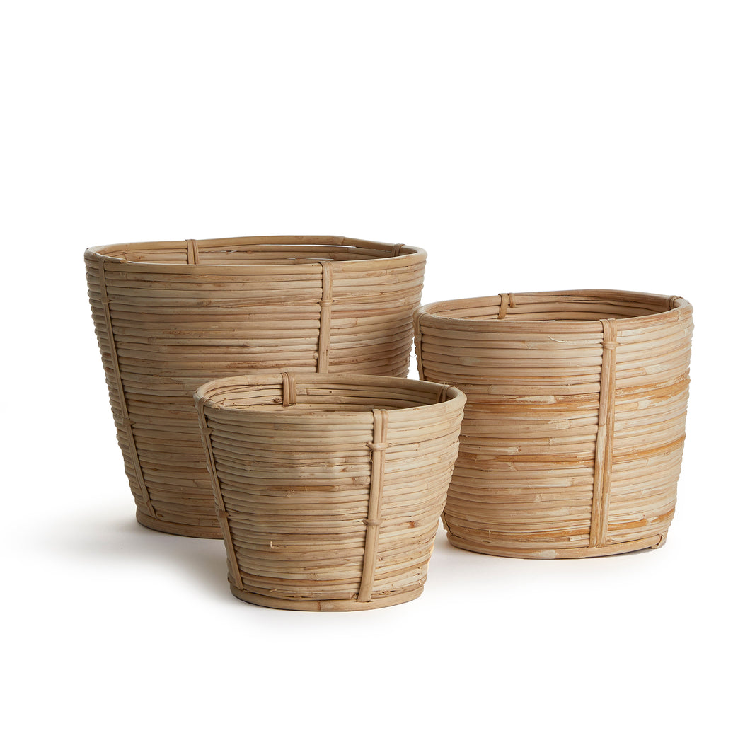 Cane Rattan Round Tapered Baskets, Set Of 3