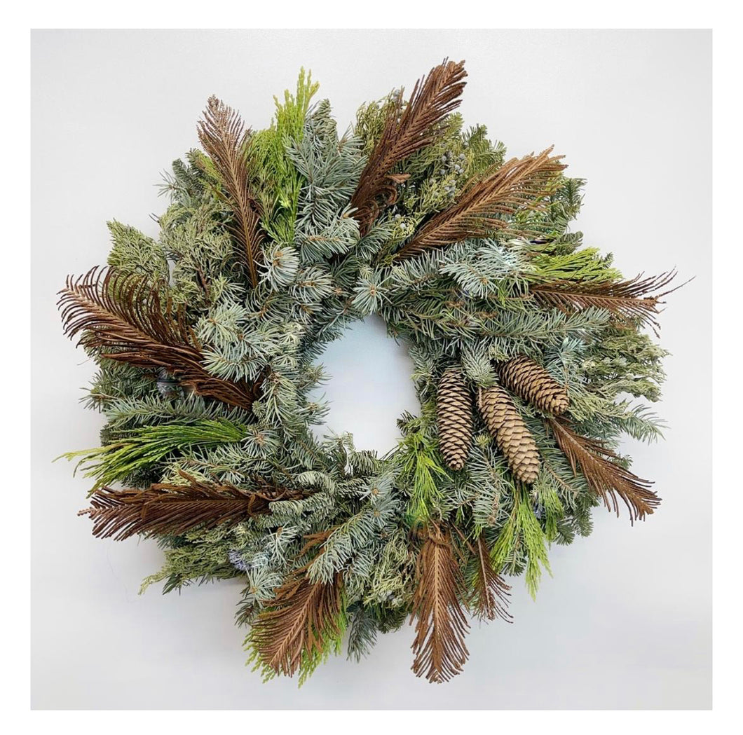 Winter Glen wreath - feathers and fresh greens
