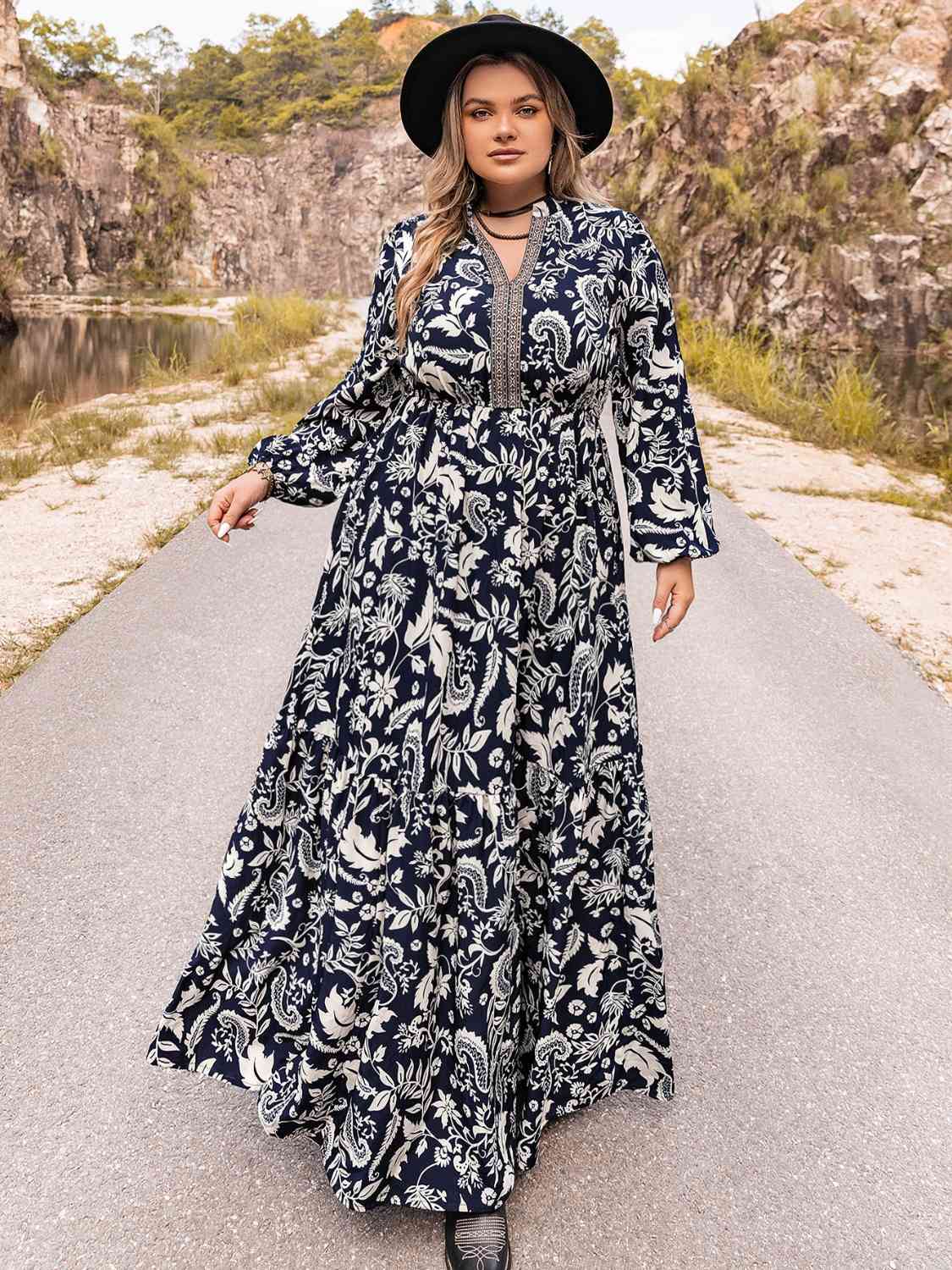 Boho Dress Plus Size Floral Maxi Dress With Sleeves Dark Navy