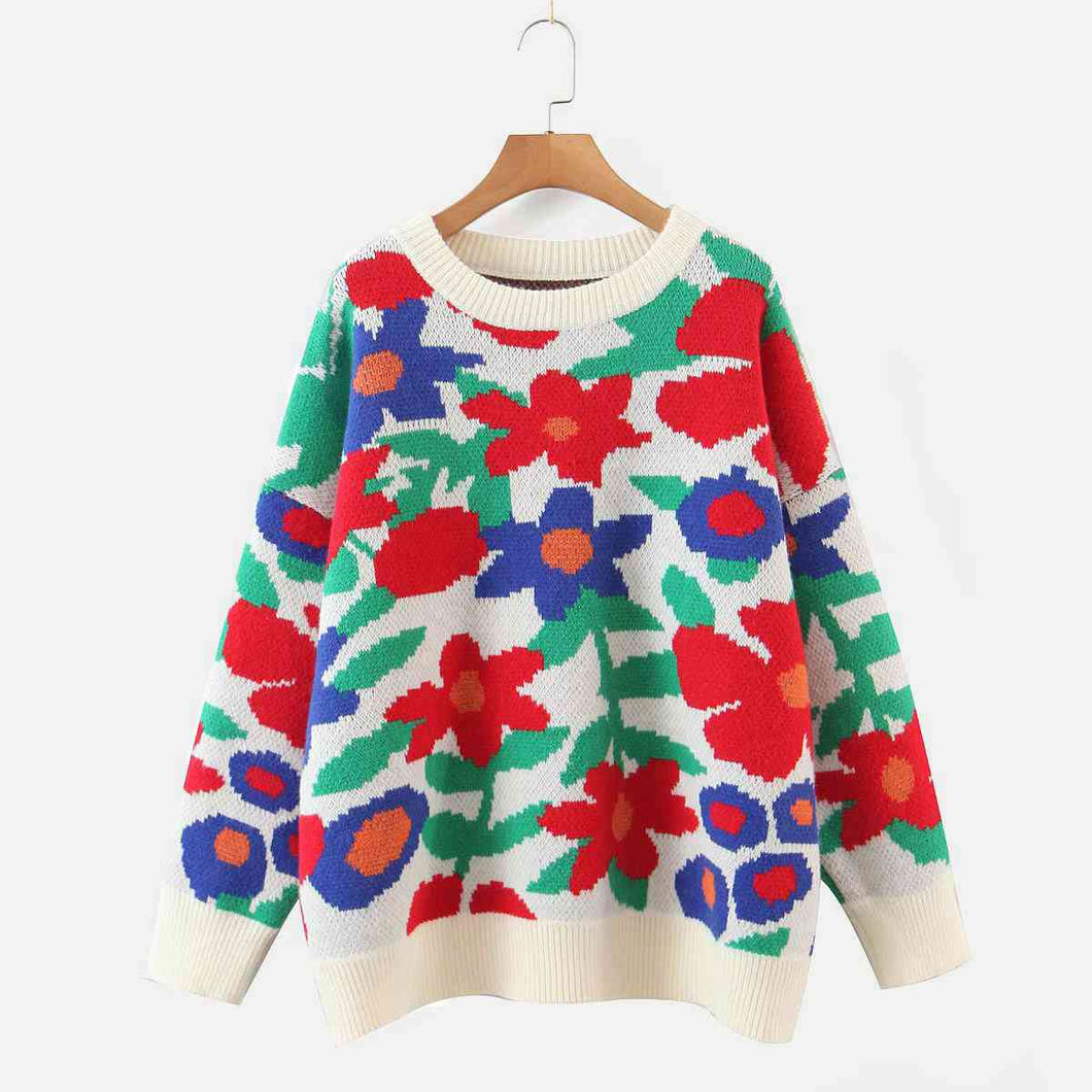 Retro Floral Round Neck Drop Shoulder Sweater