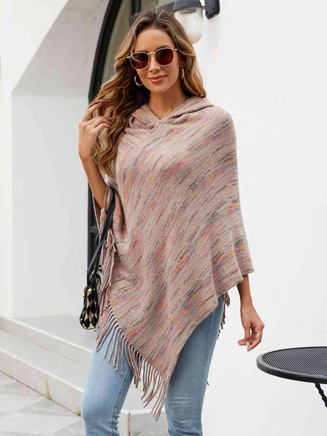 Winter skies Fringe Hem Hooded Poncho