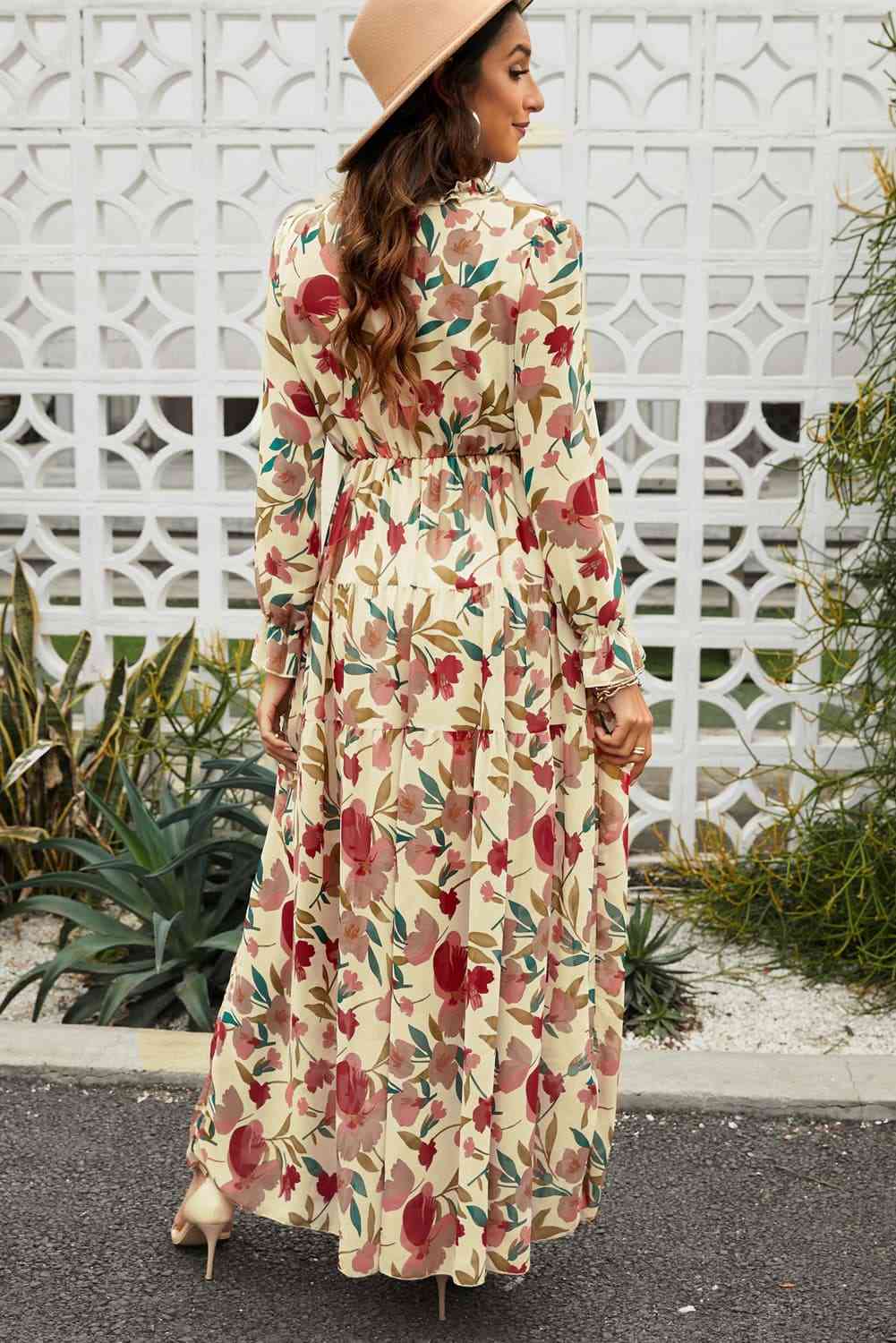 Floral Frill Trim Flounce Sleeve Plunge Maxi Dress Floral Frill Trim Flounce Sleeve Plunge Maxi Dress