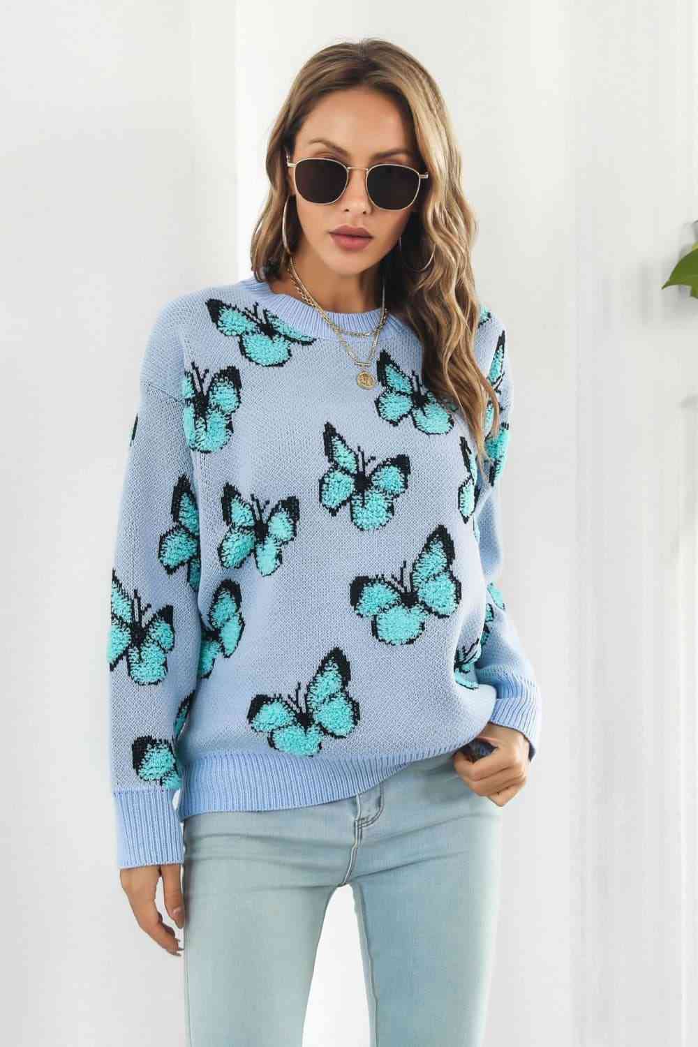 Bright Butterfly Pattern Round Neck Dropped Shoulder Sweater