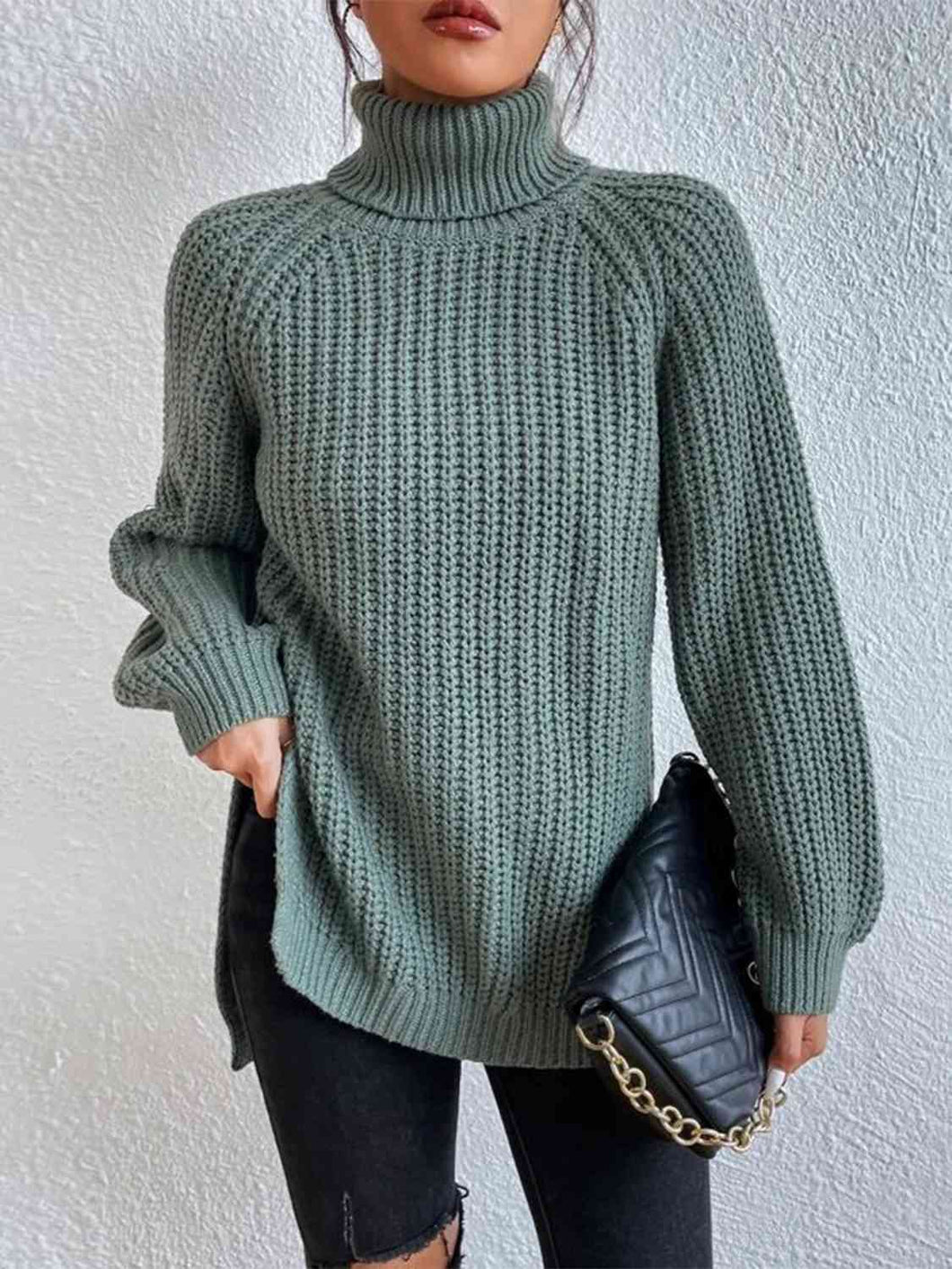 Winter Gathering Full Size Turtleneck Rib-Knit Slit Sweater