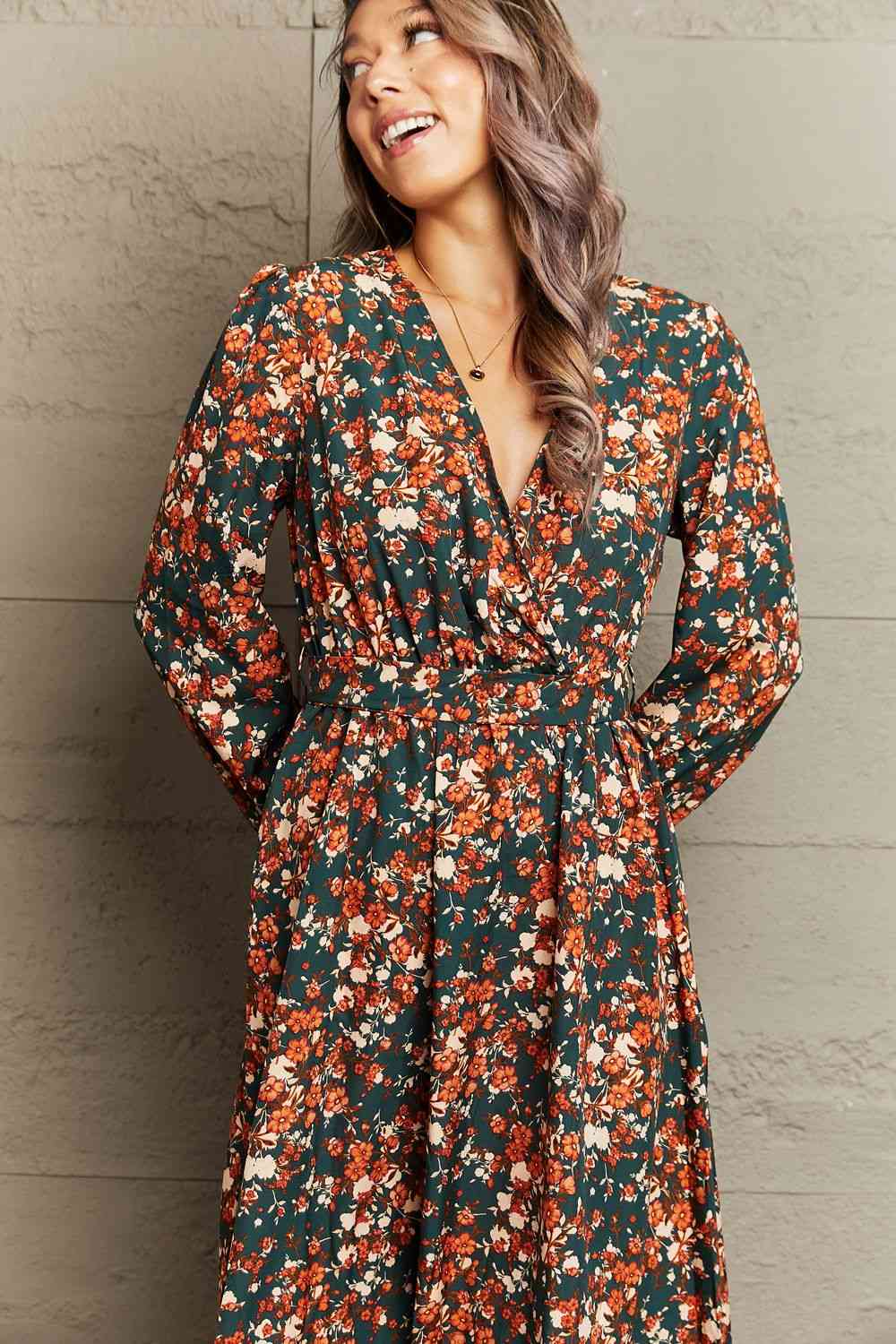 Fall Garden Surplice Neck Long Sleeve Dress  The Gathering Garden