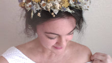Load image into Gallery viewer, Yellow fields. Dried flower autumn crown with tansy, yarrow, mini daisies and lavender
