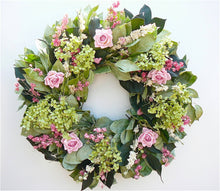 Load image into Gallery viewer, Mama's Garden Pink Rose and Hydrangea spring Wreath - handmade in the USA
