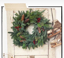 Load image into Gallery viewer, Winter Bounty woodland Wreath. Fresh evergreens and spruce pine cone wreath. Wonderful natural holiday Christmas Wreat/Centerpiece -Nov Ship

