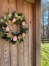 Load image into Gallery viewer, Mama's Garden Pink Rose and Hydrangea spring Wreath - handmade in the USA
