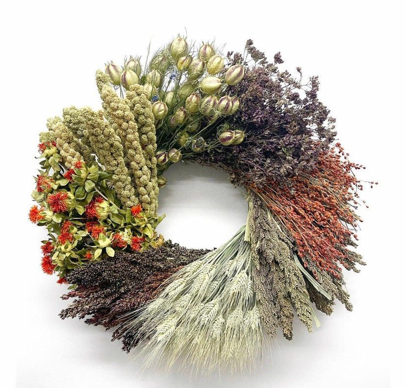 Autumn / Fall Wheel dried herb and grain Wreath Measure 19-20 inches - handmade in the USA