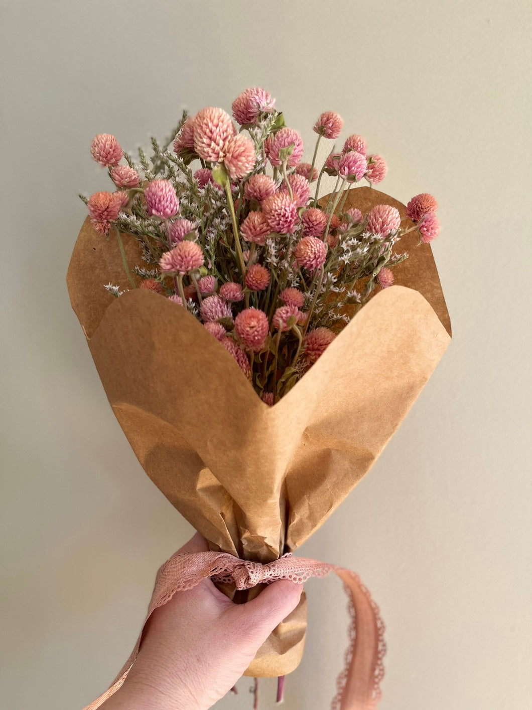 Sweetheart pink dried flower bouquet - in paper heart wrap- Mother’s Day dried flower bouquet