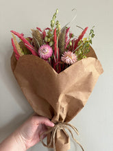 Load image into Gallery viewer, Sweetheart pink dried flower bouquet - in paper heart wrap- Mother’s Day dried flower bouquet

