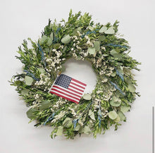 Load image into Gallery viewer, American Girl farmhouse Eucalyptus &amp; Boxwood Wreath - All Natural Patriotic Wreath- Fourth of July decor 22 inch
