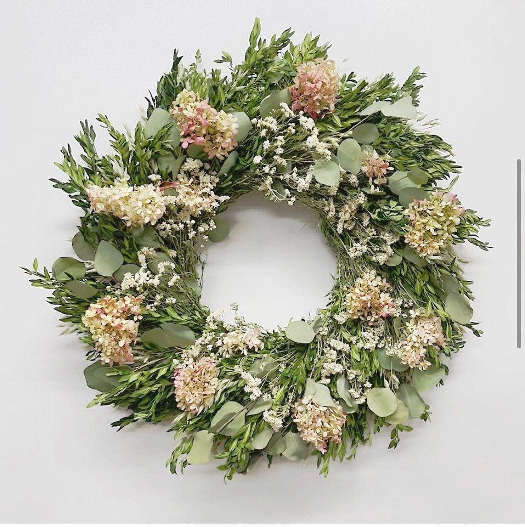 Summer Romance. Eucalyptus & Pink Hydrangea dried flower wreath - 22 inch - summer garden wreath