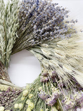 Load image into Gallery viewer, Wheel wreath. Dried herb, floral, lavender and grain wreath- Easter Spring Wreath measures 19-20”
