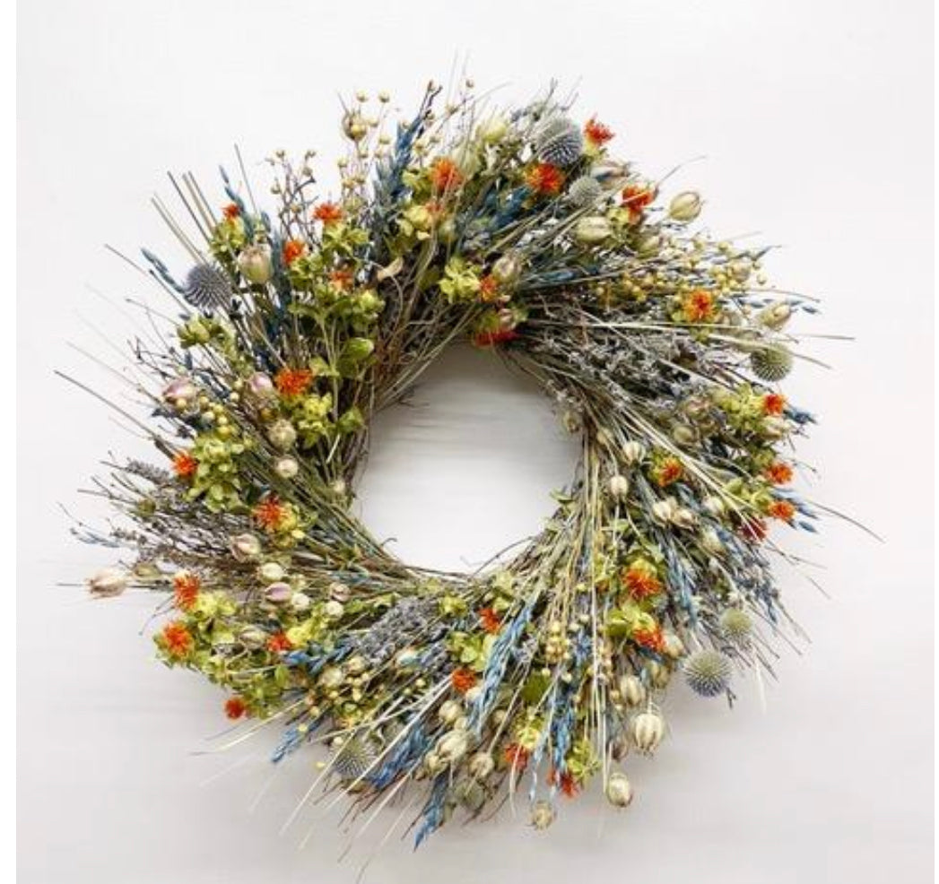 New 2022 Orange and Blue Dried Floral Wreath 22 Inch