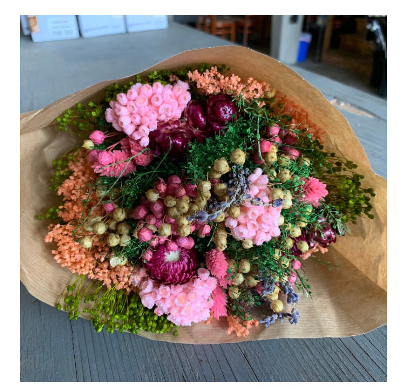 Sweetheart pink dried flower bouquet - in paper heart wrap